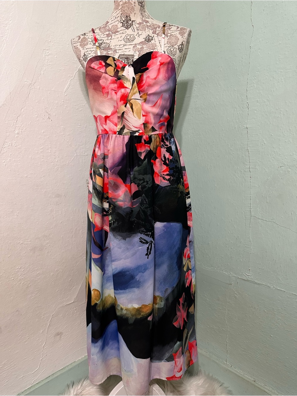 Corey Lynn Carter Floral Midi Dress - Pink & Blue size 0 strapless lined